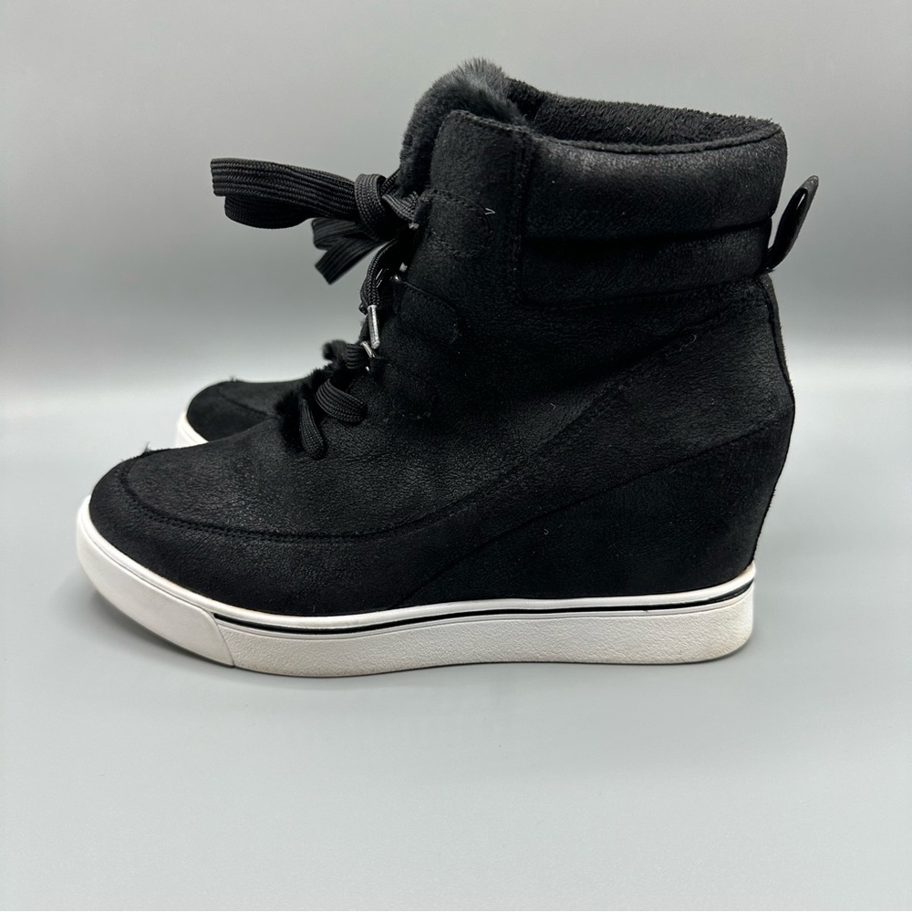 Sugar Womens Wedge winter sneakers Faux Fur Lace Up Black